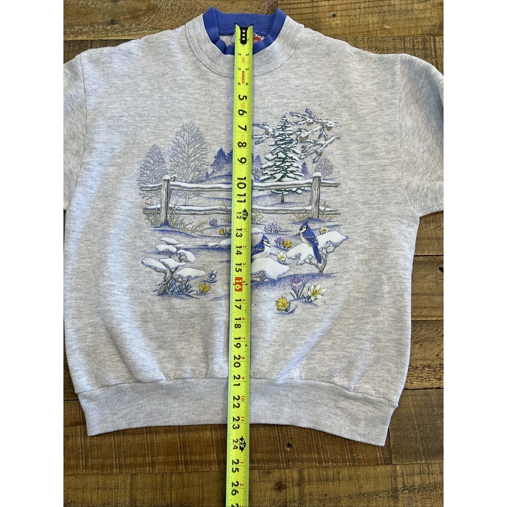 VTG 90s Blue Jay Winter Country Scene Womens M Sweatshirt Morning Sun (Flaw) - Picture 7 of 11